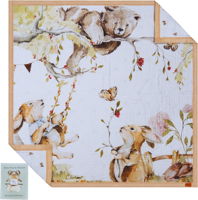 Max&So Baby Muslin Woodland Blanket – Reversible Cotton Muslin Baby Quilt, 48x48 Woodland Blanket for Newborns & Toddlers – Gender Neutral, Soft & Breathable - Image 1
